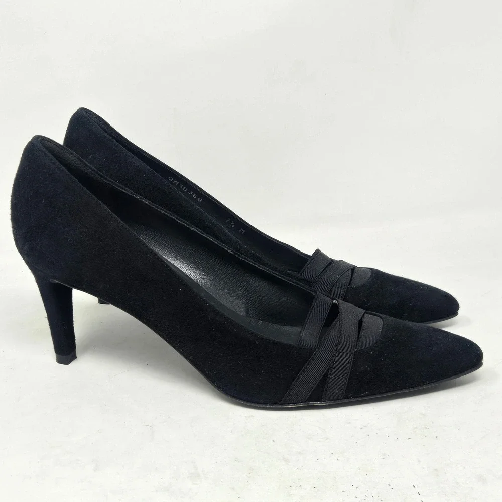 Stuart Weitzman Black Suede Pointed Toe Pumps Grosgrain Detail QH10360 Size 7.5M